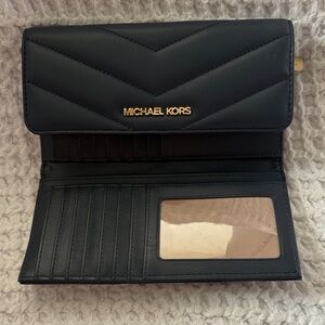 Michael Kors Black Quilted Fold-Over Wallet with Gold Logo